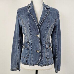 R4R Rave Womens Denim Jean Jacket Blue Long Sleeve Button Pockets Collar Size M